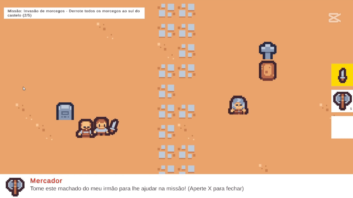 Então iniciarmos a programação, criando sistemas de movimentação, diálogo, missões, inventário e muito mais.